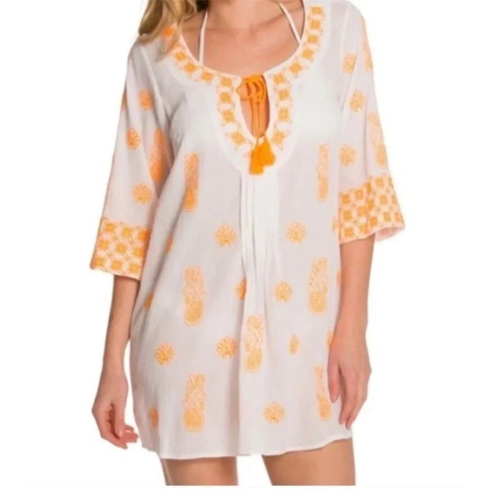 Trina Turk Playa Del Rey Tunic Cover-Up White Orange Gauze Swimwear Cotton Sz S